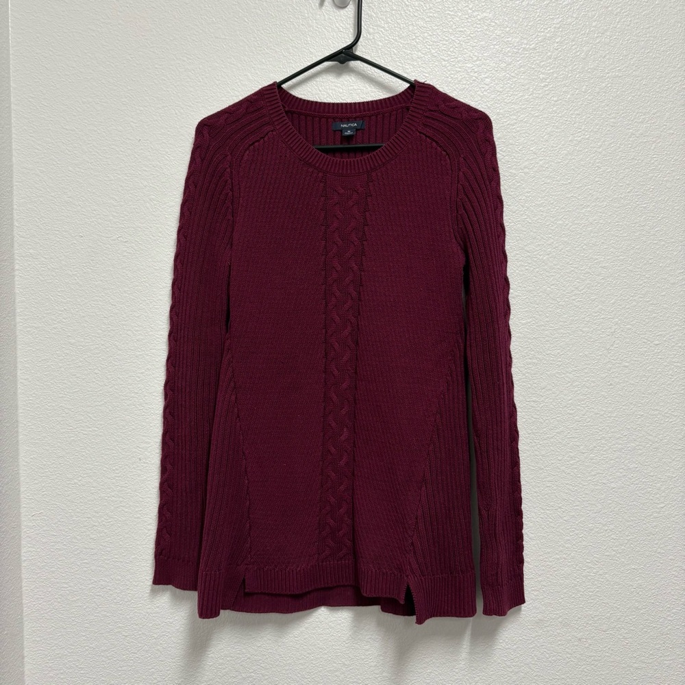 Nautica Burgundy Long Sleeve Sweater Wms Med Cable Knit Crewneck Holiday Cozy